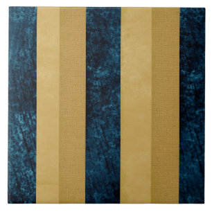 Contemporary Striped Royal Blue, Gold, Buttercream Ceramic Tile