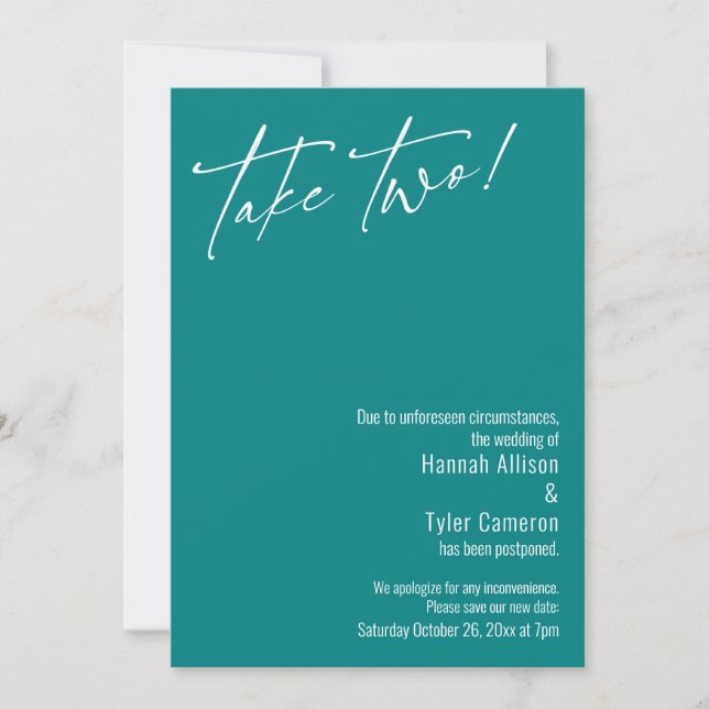 Contemporary Take Two! Teal Postponed Wedding Card (Front)