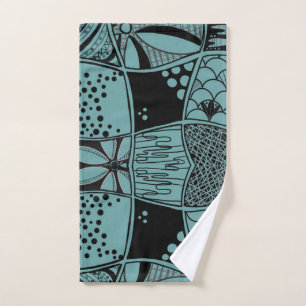 Contemporary Teal Grid & Leaf Illustration Hand  Towel