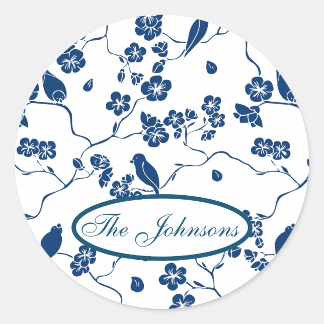 Contemporary Toile Birds & Florals Classic Round Sticker (Front)