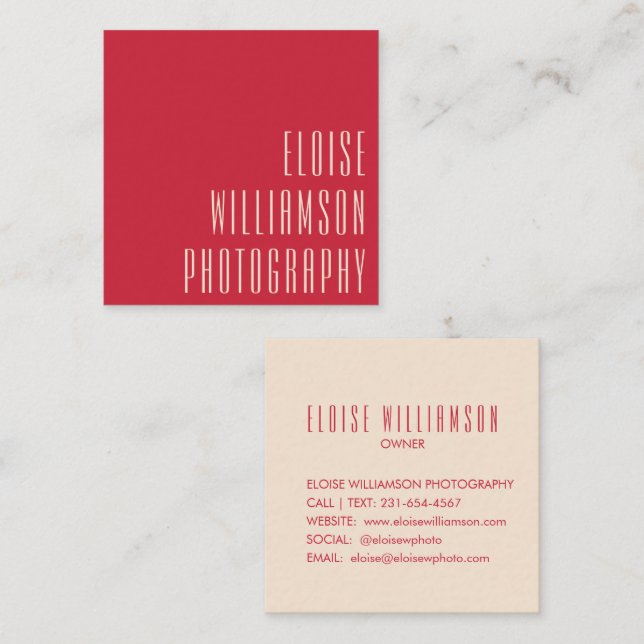 Contemporary Trendy Chic Bold Typography Red Square Business Card (Front/Back)