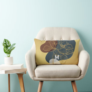 Contemporary Trendy Monogram Gold Whimsical Floral Lumbar Cushion