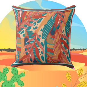 Contemporary Tropical Leaves in Red Teal Orange Cushion