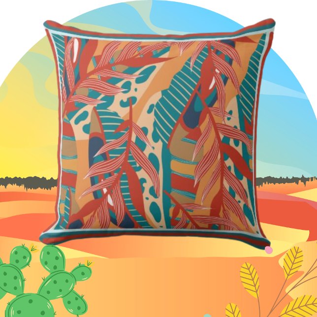 Contemporary Tropical Leaves in Red Teal Orange Cushion (Creator Uploaded)