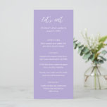 Contemporary Typography Periwinkle Modern Wedding Menu<br><div class="desc">Modern wedding menu featuring a contemporary typographic design with "let's eat" in elegant script typography.  Below are your event details in a your names,  wedding date and menu in a simple and minimal layout.  The colour theme is periwinkle purple and may be changed the design editing tool.</div>