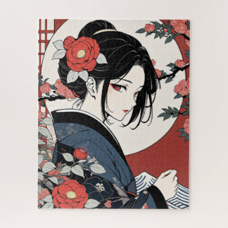 Contemporary ukiyoe, Kimono beauty Jigsaw Puzzle