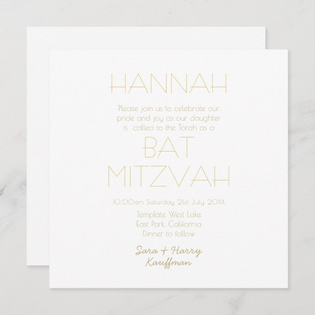Contemporary  White Gold BAT BAR MITZVAH Classic Invitation (Front/Back)