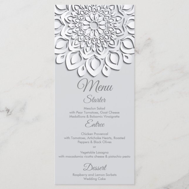 Contemporary White Paper Cut Mandala Wedding Menu (Front)