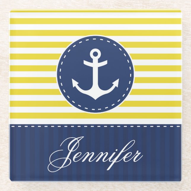 Contemporary Yellow Blue Anchor Custom Name Glass Coaster (Front)