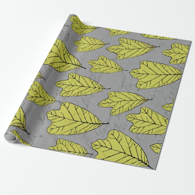 Contemporary Yellow Oak Leaves Collage Wrapping Paper (Unrolled)