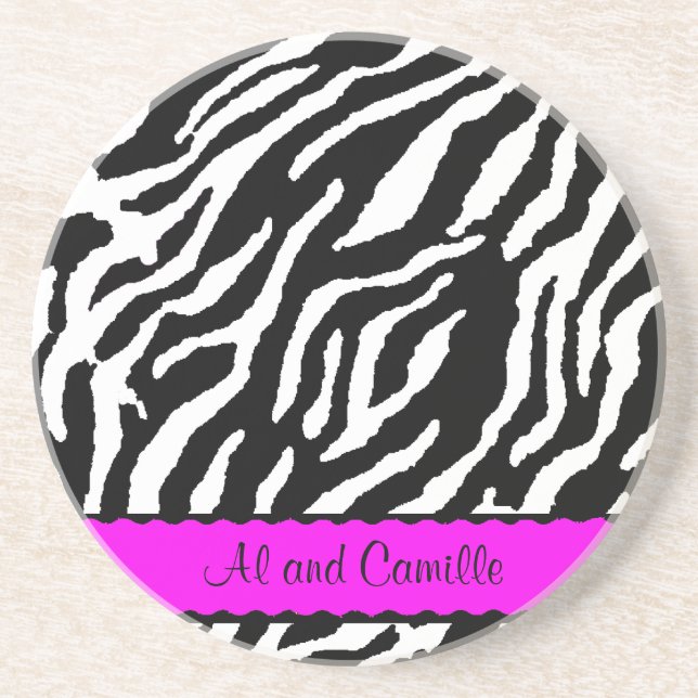 Contemporary Zebra Stripes With Hot Pink Ribbon Coaster (Front)