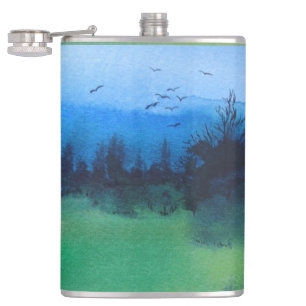 contempory abstract design of colourful landscape  hip flask