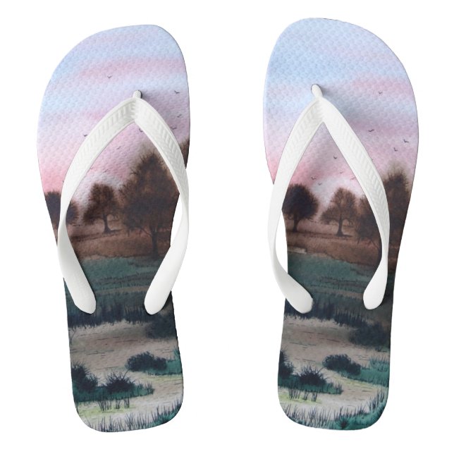 contempory abstract sunset design colourful thongs (Footbed)
