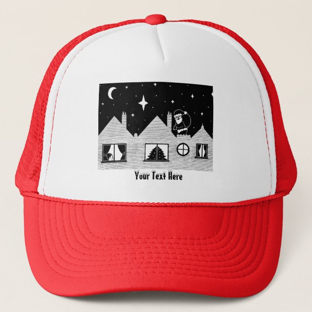 contempory santa on roof black and white christmas trucker hat (Front)
