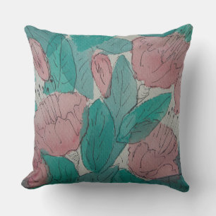 contempory sketchy abstract pink fuschia flowers cushion