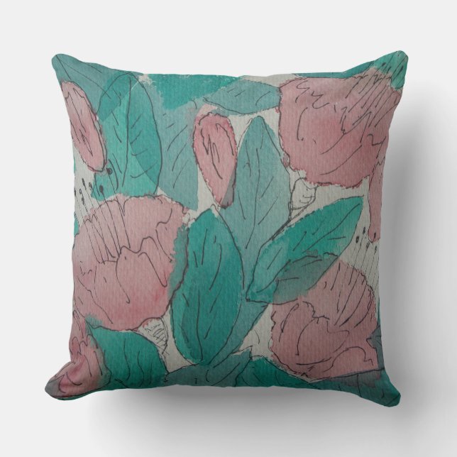 contempory sketchy abstract pink fuschia flowers cushion (Front)