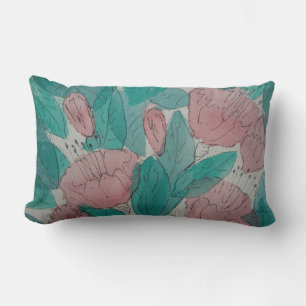 contempory sketchy leaves and pink fuschia flowers lumbar cushion