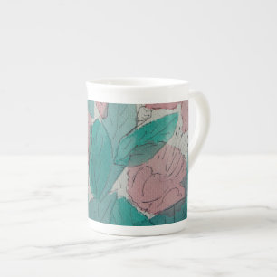 contempory sketchy pink flowers and leaves floral bone china mug