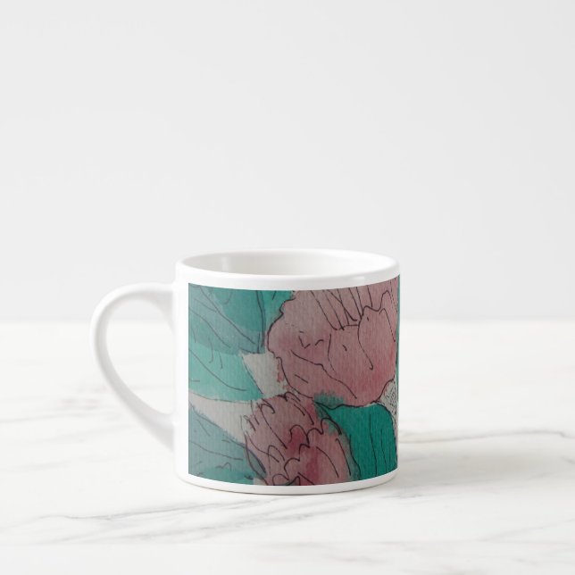 contempory sketchy pink flowers and leaves floral espresso cup (Left)