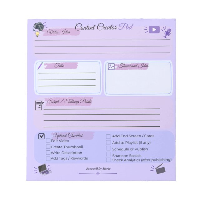 Content Creator Video Planning Notepad (Front)