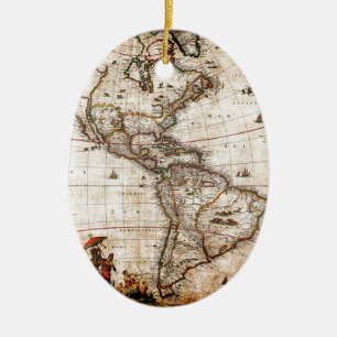 Continent of America Old Map Ceramic Tree Decoration