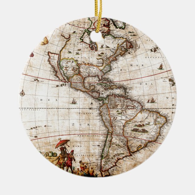 Continent of America Old Map Ceramic Tree Decoration (Front)