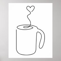 continuous line drawing of hot coffee cup saucer p