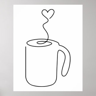 continuous line drawing of hot coffee cup saucer p poster