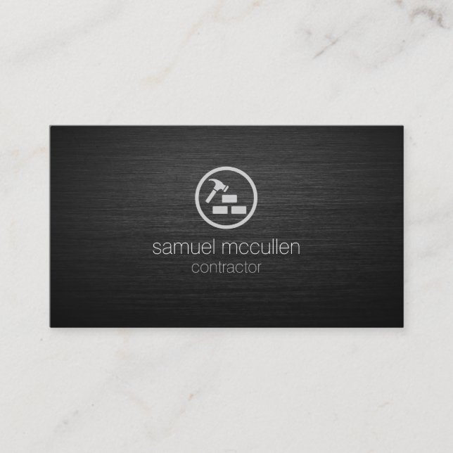 Contractor Hammer Bricks Icon Brushed Metal Skills Business Card (Front)