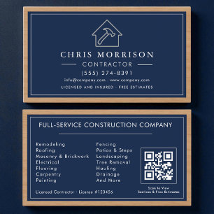 Contractor Navy Blue Silver Wood QR Code Business Card