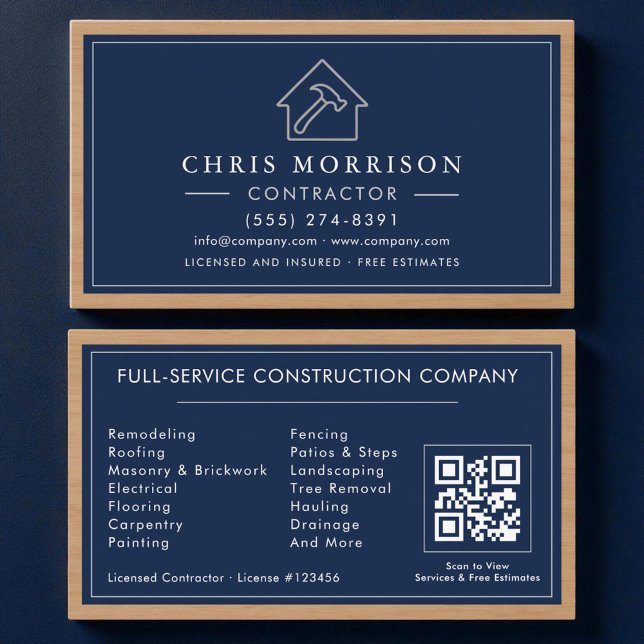Contractor Navy Blue Silver Wood QR Code Business Card (Creator Uploaded)