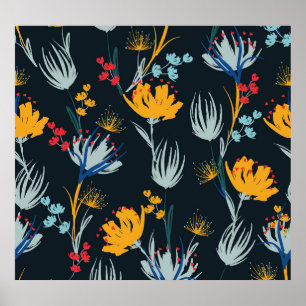 Contrast Floral Brush: Black Seamless Poster