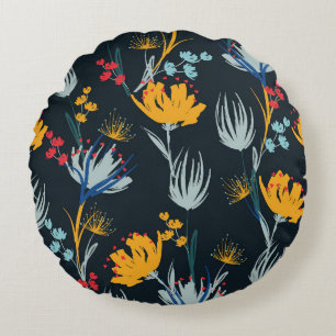 Contrast Floral Brush: Black Seamless Round Cushion