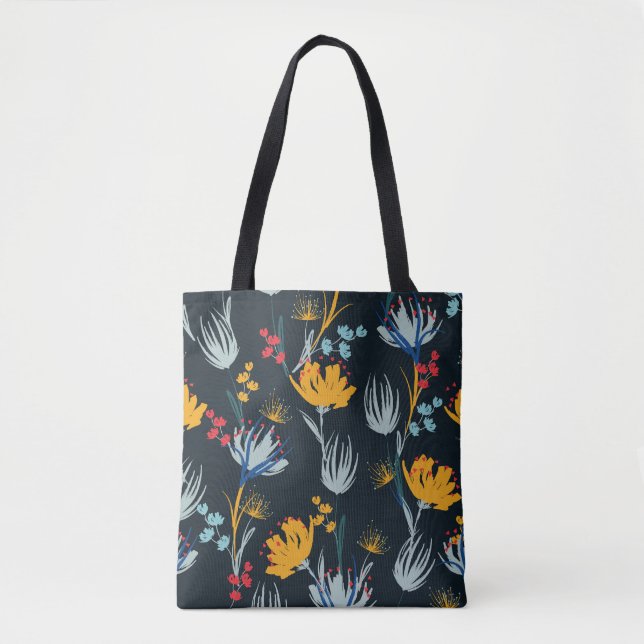 Contrast Floral Brush: Black Seamless Tote Bag (Front)