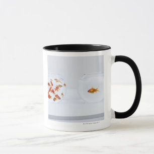 Contrast of many goldfish in fishbowl and mug