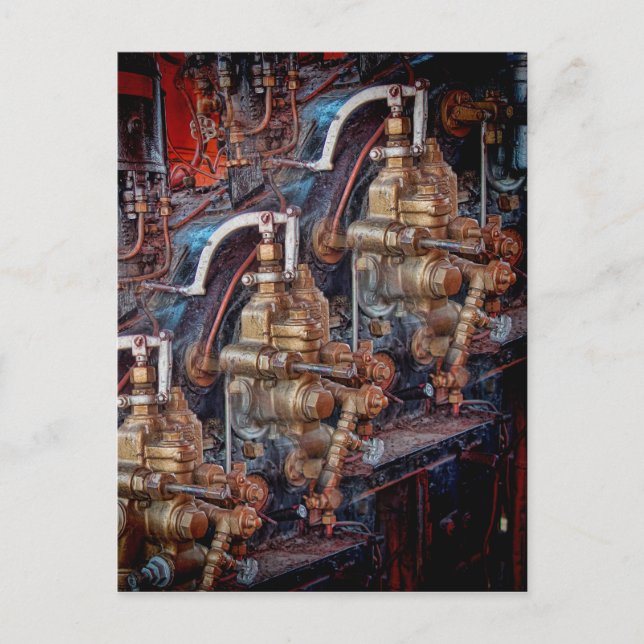 Controls of a steam locomotive engine postcard (Front)