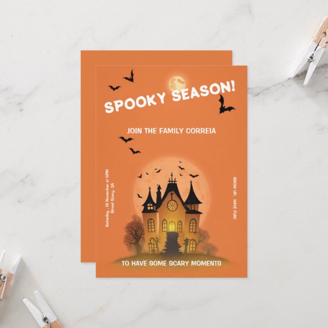 Convite Festa Halloween Laranja com Mansão Invitation (Front/Back In Situ)