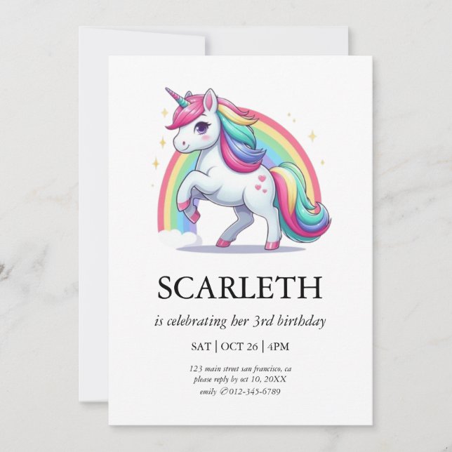 Convite Modern Cute Doodle Unicorn Stars Aniversár Invitation (Front)