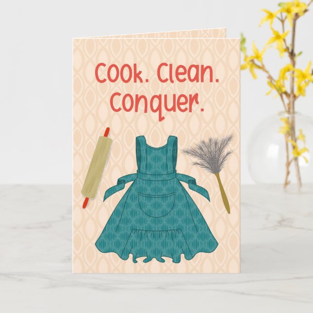 Cook. Clean. Conquer. – Retro Motivation Card (Yellow Flower)