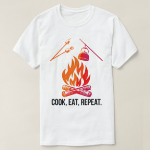 Cook Eat Repeat Funny Camping Fire Design T-Shirt
