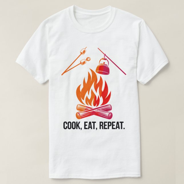 Cook Eat Repeat Funny Camping Fire Design T-Shirt (Design Front)