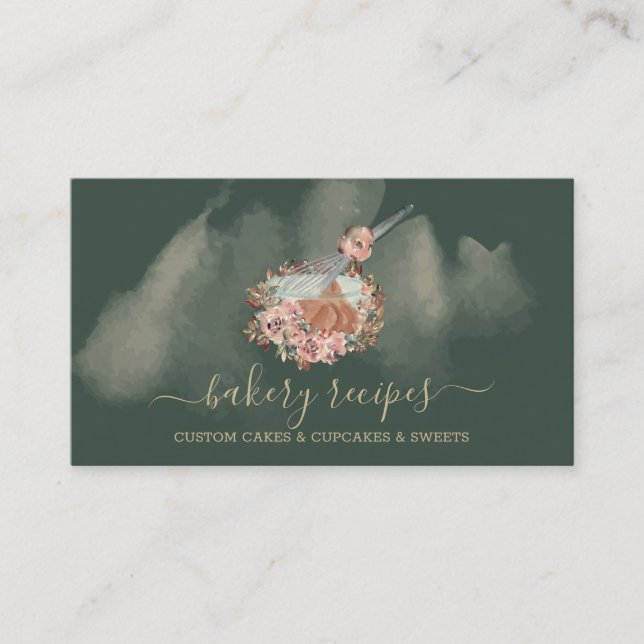 Cook Recipe Whisk Dough Bowl sage green gold Business Card (Front)