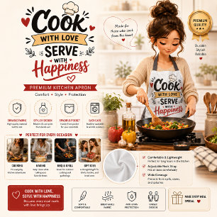 Cook With Love, Serve With Happiness Cute 3D Apron