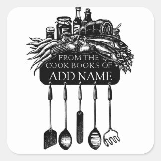 Cookbook Bookplate With Food And Utensils Square Sticker