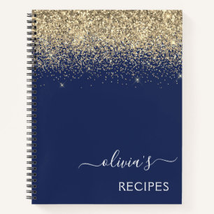 Cookbook Recipe Gold Navy Blue Glitter Monogram Notebook