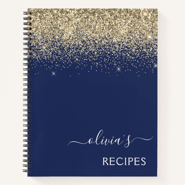 Cookbook Recipe Gold Navy Blue Glitter Monogram Notebook (Front)