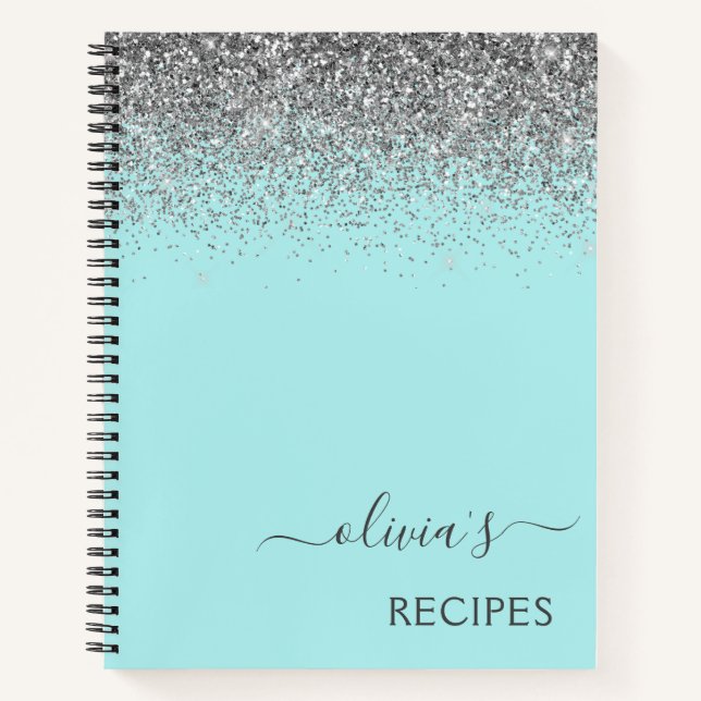 Cookbook Recipe Silver Aqua Teal Blue Glitter Notebook (Front)