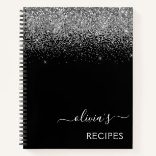 Cookbook Recipe Silver Black Glitter Monogram Notebook