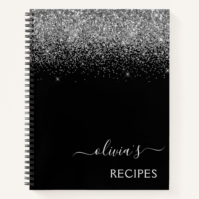 Cookbook Recipe Silver Black Glitter Monogram Notebook (Front)