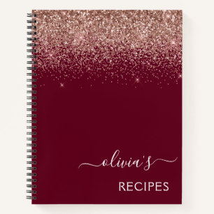 Cookbook Rose Gold Pink Burgundy Glitter Monogram Notebook